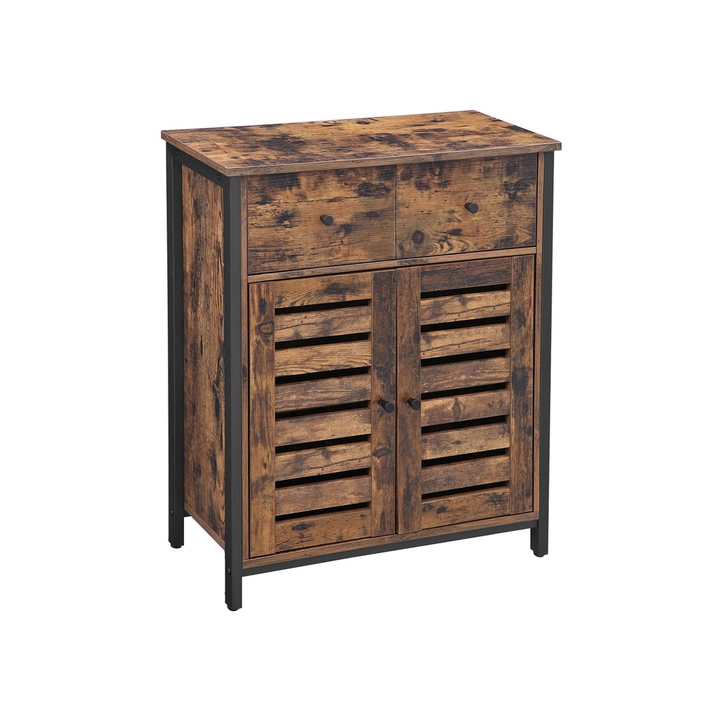 VASAGLE Armoire de sol, armoire autoportante avec 1 tiroir et étagère, armoire de rangement de cuisine, portes à persiennes, pour salon, couloir, bureau, chambre à coucher, marron rustique LSC86BX