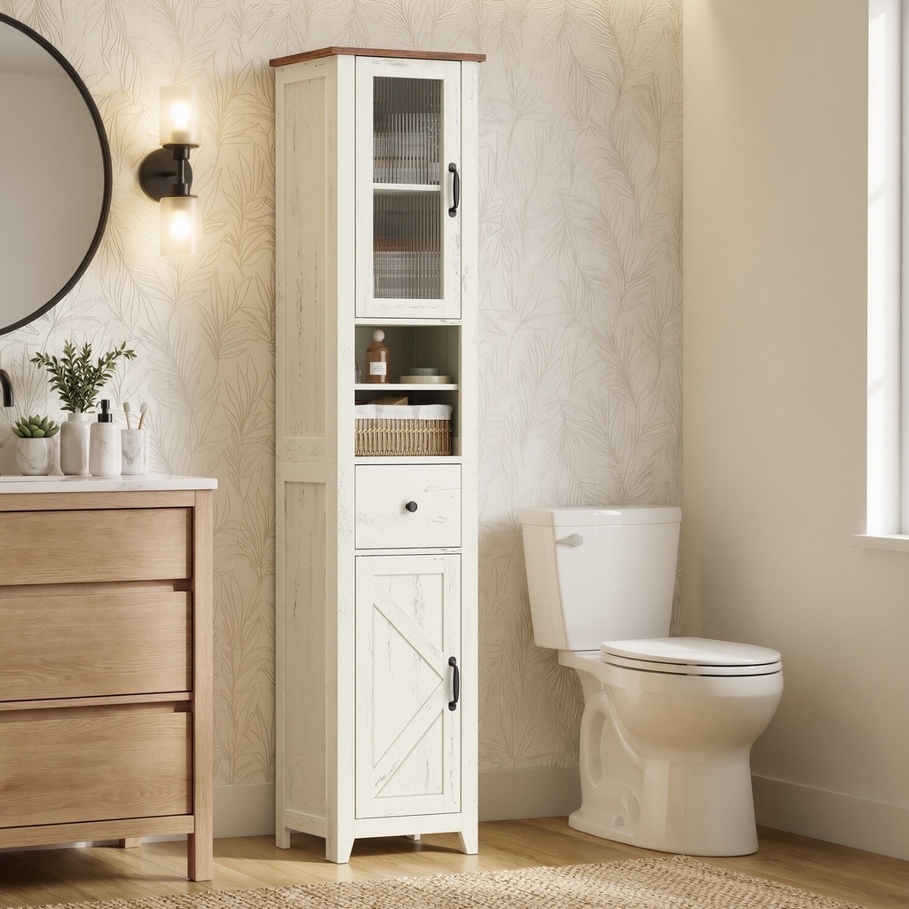 VASAGLE LIRY Collection - Bathroom Cabinet, Farmhouse Narrow Floor Cabinet with Open Compartments, 1 Drawer, Doors, Rustic White and Honey Brown, 31.5 x 33 x 171 cm BBK660W101
