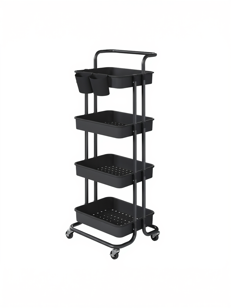 SONGMICS Chariot de rangement à 4 niveaux, chariot roulant avec poignée, 2 petits organisateurs, cadre en acier, paniers en acier, chariot utilitaire, montage facile, pour salle de bain, buanderie, noir BSC077BZ01