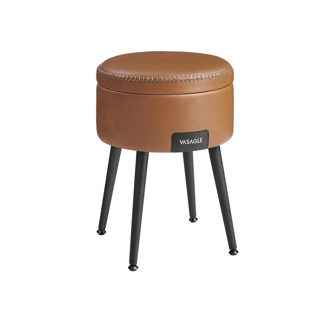 VASAGLE EKHO Collection - Pouf de Rangement, Tabouret de Vanité, Simili Cuir avec Coutures, Moderne Milieu du Siècle, Siège de Rangement Rond avec Pieds en Acier, Charge 150 kg, Marron Caramel LOM005K01