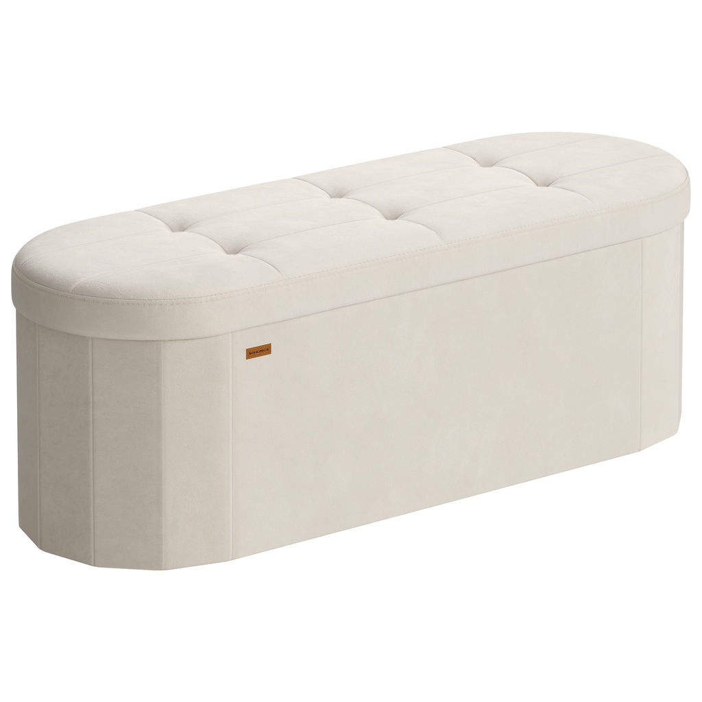 SONGMICS Collection MAZIE – Ottoman pliant avec rangement, banc ottoman de rangement ovale, pour salon, chambre à coucher, tissu velours, 15 x 43 x 15 pouces, blanc crème ULSF297LH01