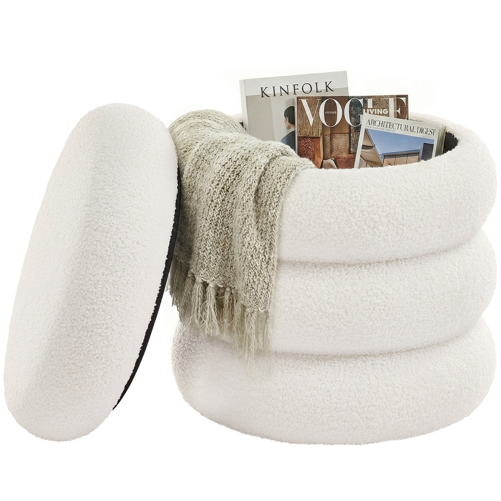 [LOM015WD01] SONGMICS Tabouret de coiffeuse, pouf rond avec rangement, repose-pieds rembourré, couvercle amovible, pour salon, chambre, assemblage facile, polaire Teddy, blanc ULOM015WD01