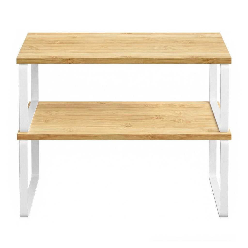 Lot de 2 organisateurs d'étagères de placard extensibles, support à épices empilable pour cuisine, métal et bois, blanc et naturel