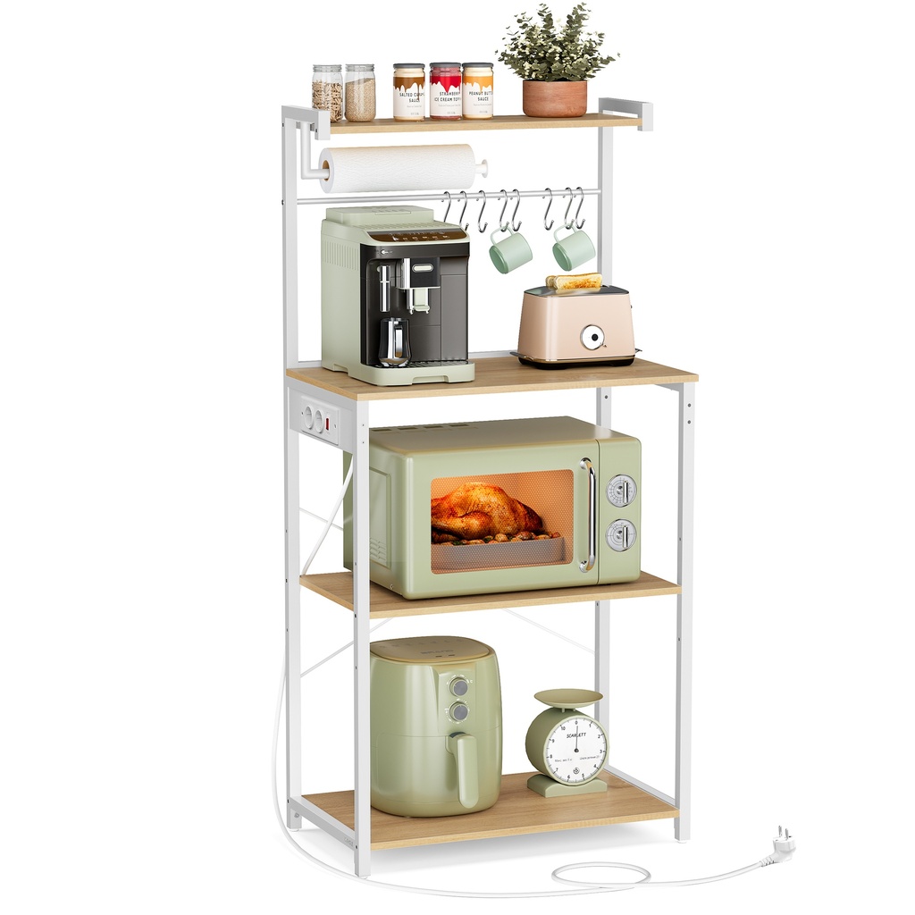 [KKS014Y02] VASAGLE KKS014Y02 Étagère de cuisine avec prises, étagère sur pied, étagère pour micro-ondes, 4 étages et 8 crochets en S, étagère réglable, porte-rouleau de papier essuie-tout, 40 x 60 x 140 cm, chêne doré blanc nuage