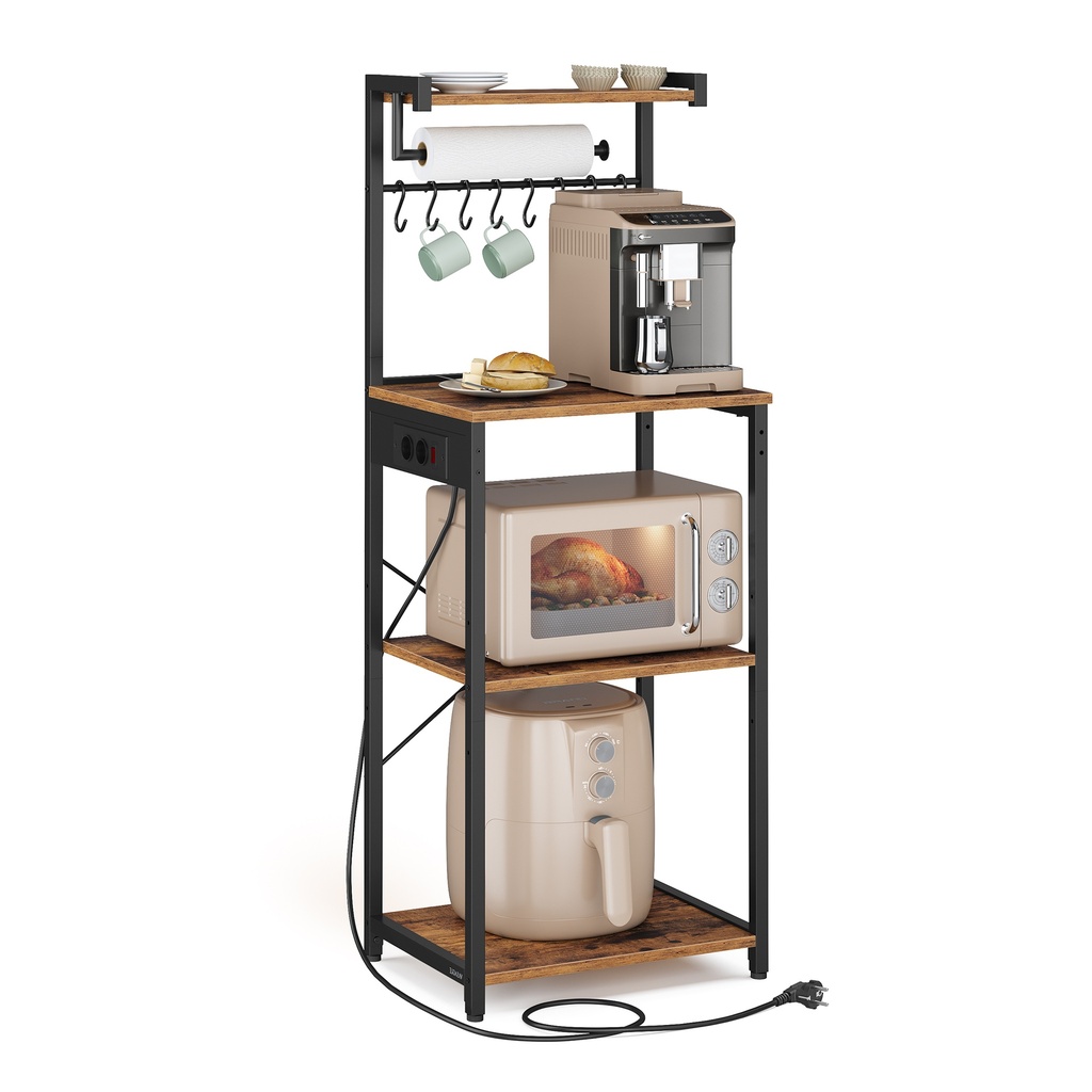 VASAGLE Etagère de Cuisine avec Prise Multiple, Bar à Café à 4 Niveaux avec Etagère Réglable, 8 Crochets en S, Support Micro-Ondes, 40 x 45 x 140 cm, Marron Rustique et Encre Noire KKS013KD02