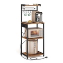 VASAGLE Etagère de Cuisine avec Prise Multiple, Bar à Café à 4 Niveaux avec Etagère Réglable, 8 Crochets en S, Support Micro-Ondes, 40 x 45 x 140 cm, Marron Rustique et Encre Noire KKS013KD02