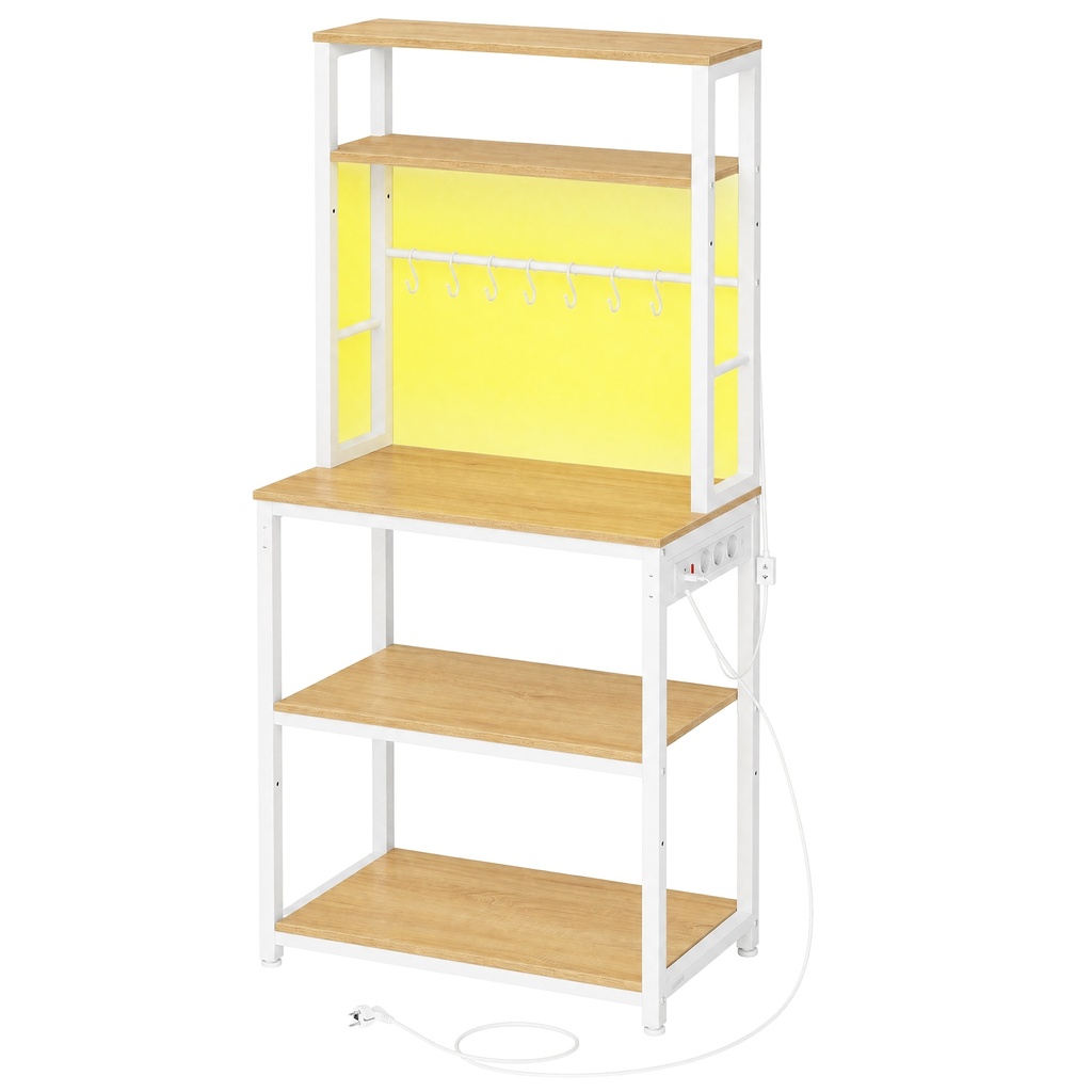 VASAGLE Étagère de cuisine avec éclairage LED, étagère sur pied avec prises, support micro-ondes avec étagères réglables, 8 crochets, 40 x 60 x 168,4 cm, chêne doré mat KKS049YA01