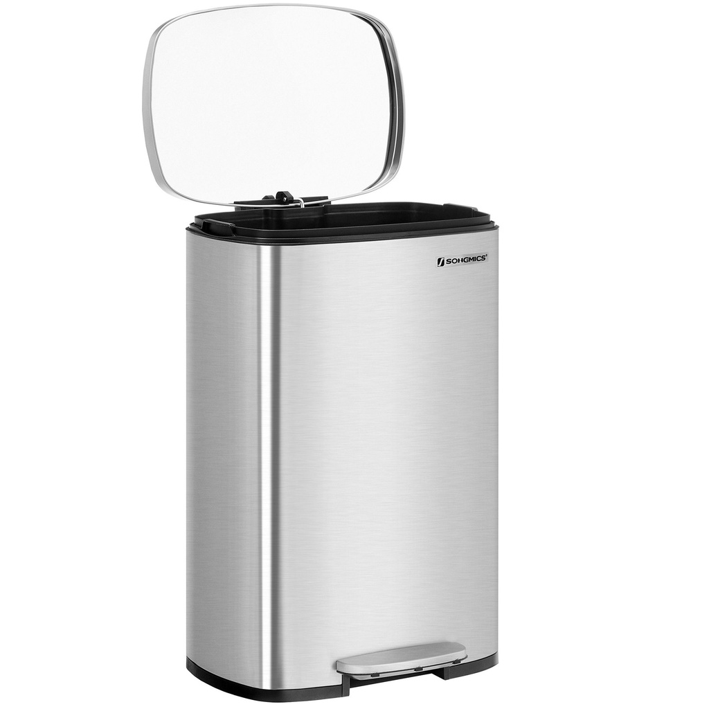 [LTB050E01] SONGMICS Poubelle de cuisine à pédale, 50 L, avec seau intérieur en plastique, couvercle à charnière, fermeture douce, anti-odeurs et hygiénique, argent LTB050E01