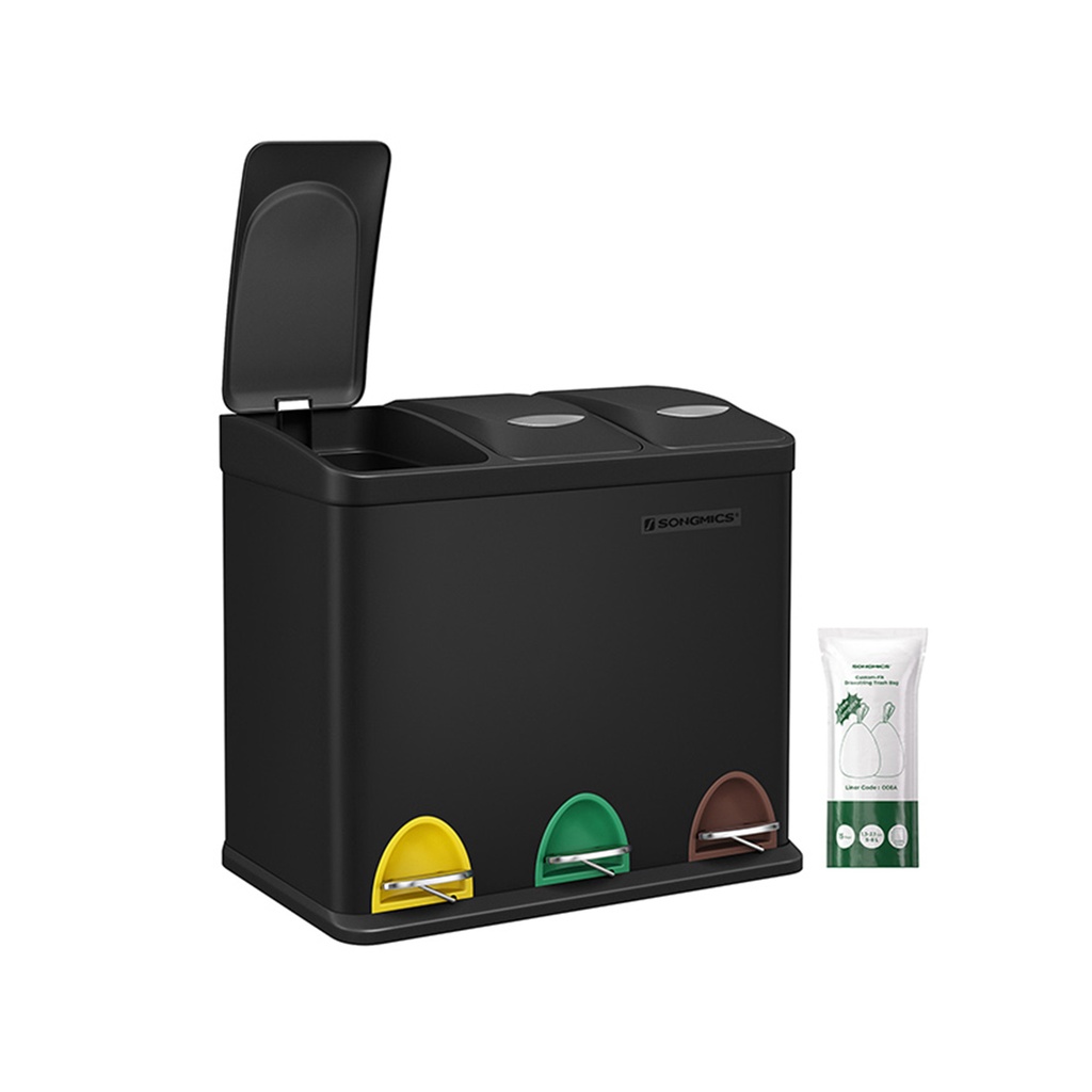 [LTB24BK] SONGMICS Poubelle de recyclage, poubelle à pédale 3 en 1, poubelle en métal de 24 litres, système de tri des déchets, poubelle pour cuisine, facile à nettoyer, acier, noir LTB24BK