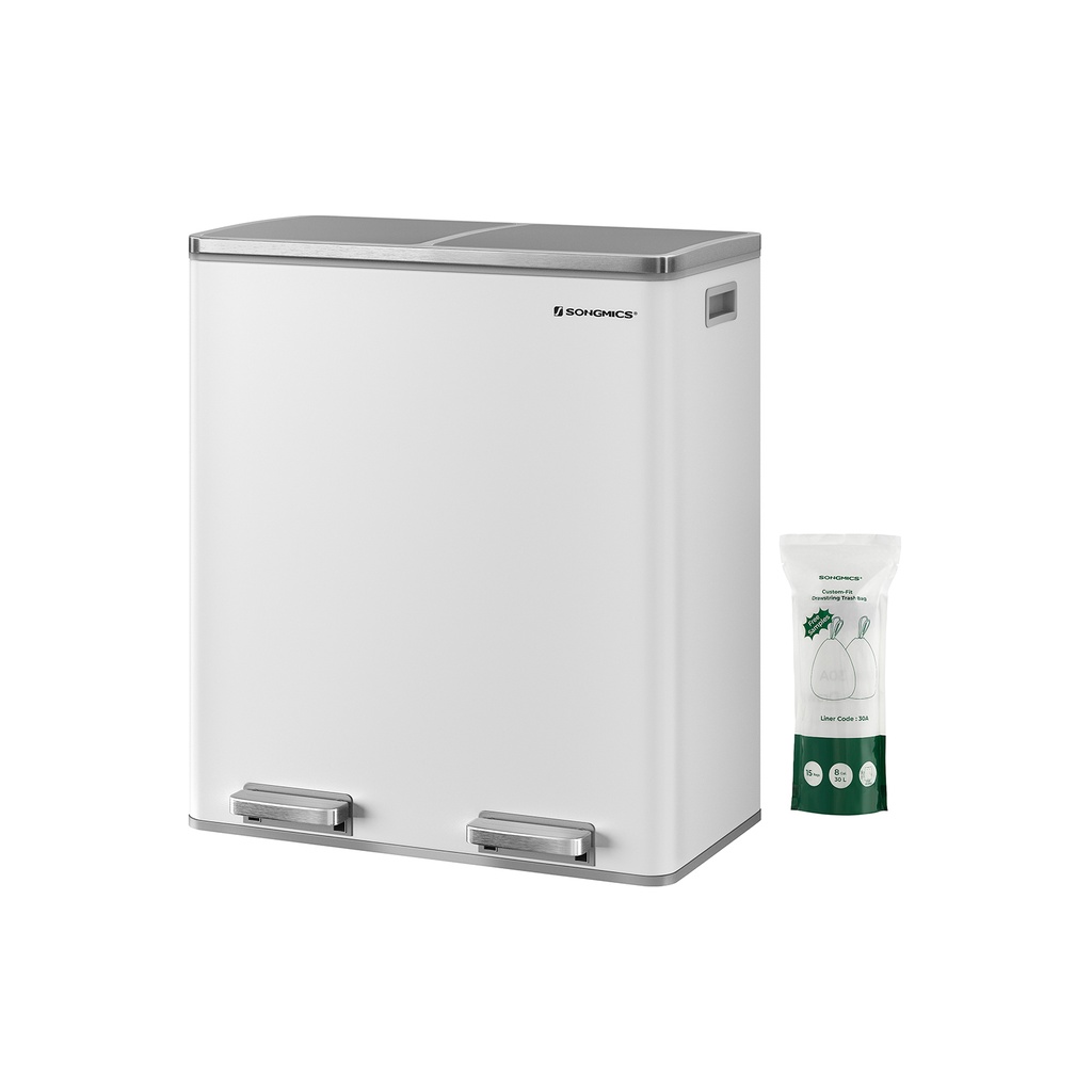 [LTB60WT] SONGMICS Poubelle double, 2 x 30 L, poubelle de cuisine à double compartiment avec 15 sacs poubelles, poubelle à pédale en métal avec seaux intérieurs et couvercles en plastique, fermeture amortie, fermeture anti-odeur, blanc et argent LTB60WT