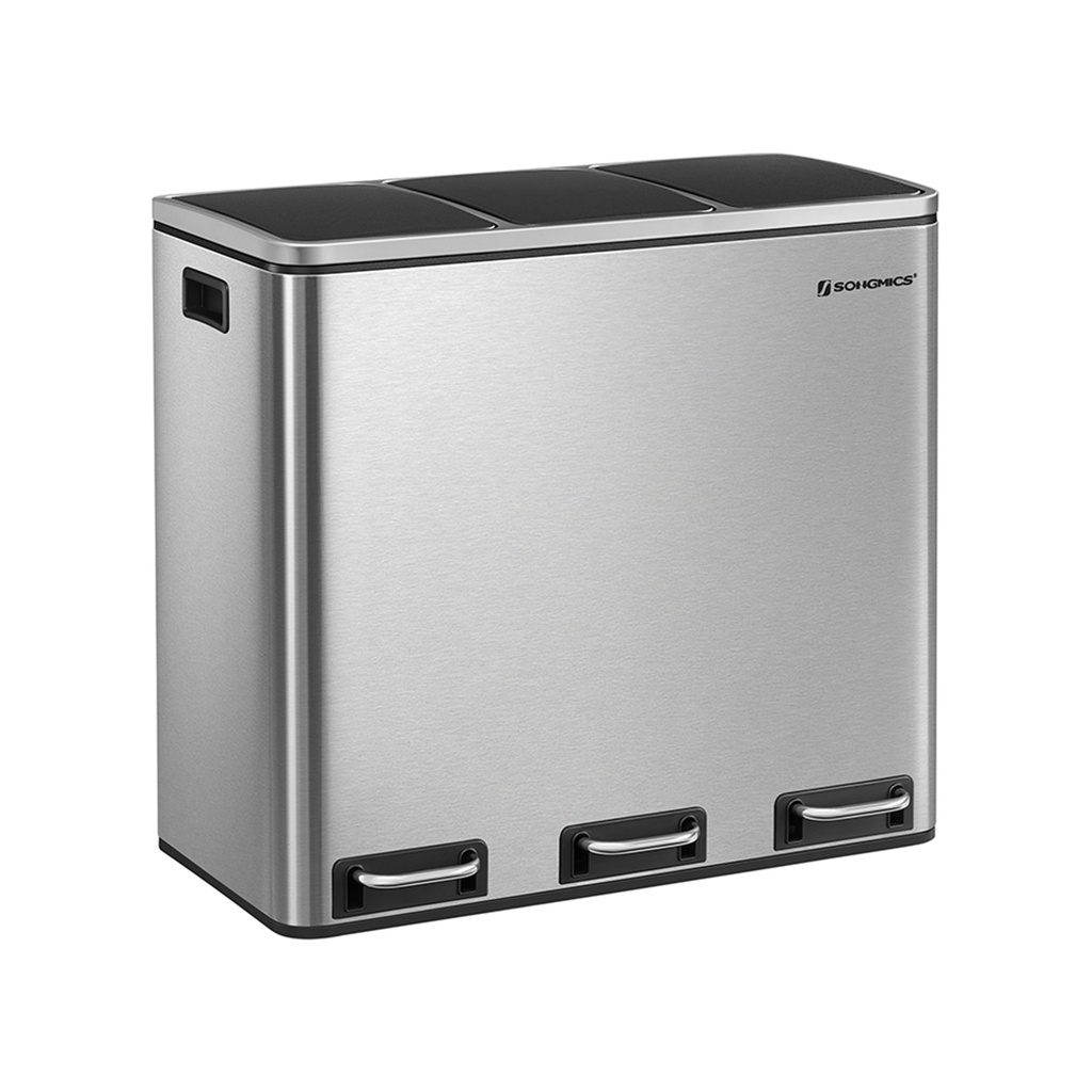 [LTB54NL] SONGMICS Poubelle de Recyclage, Poubelle de Cuisine Triple 3 x 18 L, Poubelle à Pédale 3 Compartiments avec Couvercles à Fermeture Amortissante, Seaux Intérieurs en Plastique et Poignées, Argent et Noir LTB54NL