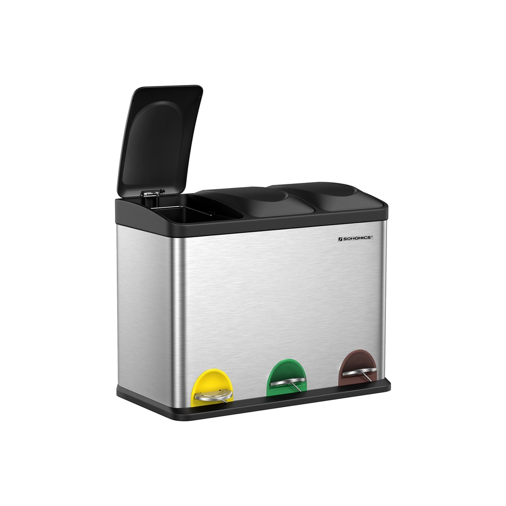 [LTB45L] SONGMICS Poubelle de Recyclage, Poubelle à Pédale, Poubelle en Métal de 45 L, Système de Tri des Déchets Poubelle pour Cuisine, Durable, 3 x 15 Litres, Acier Inoxydable, Argent et Noir LTB45L
