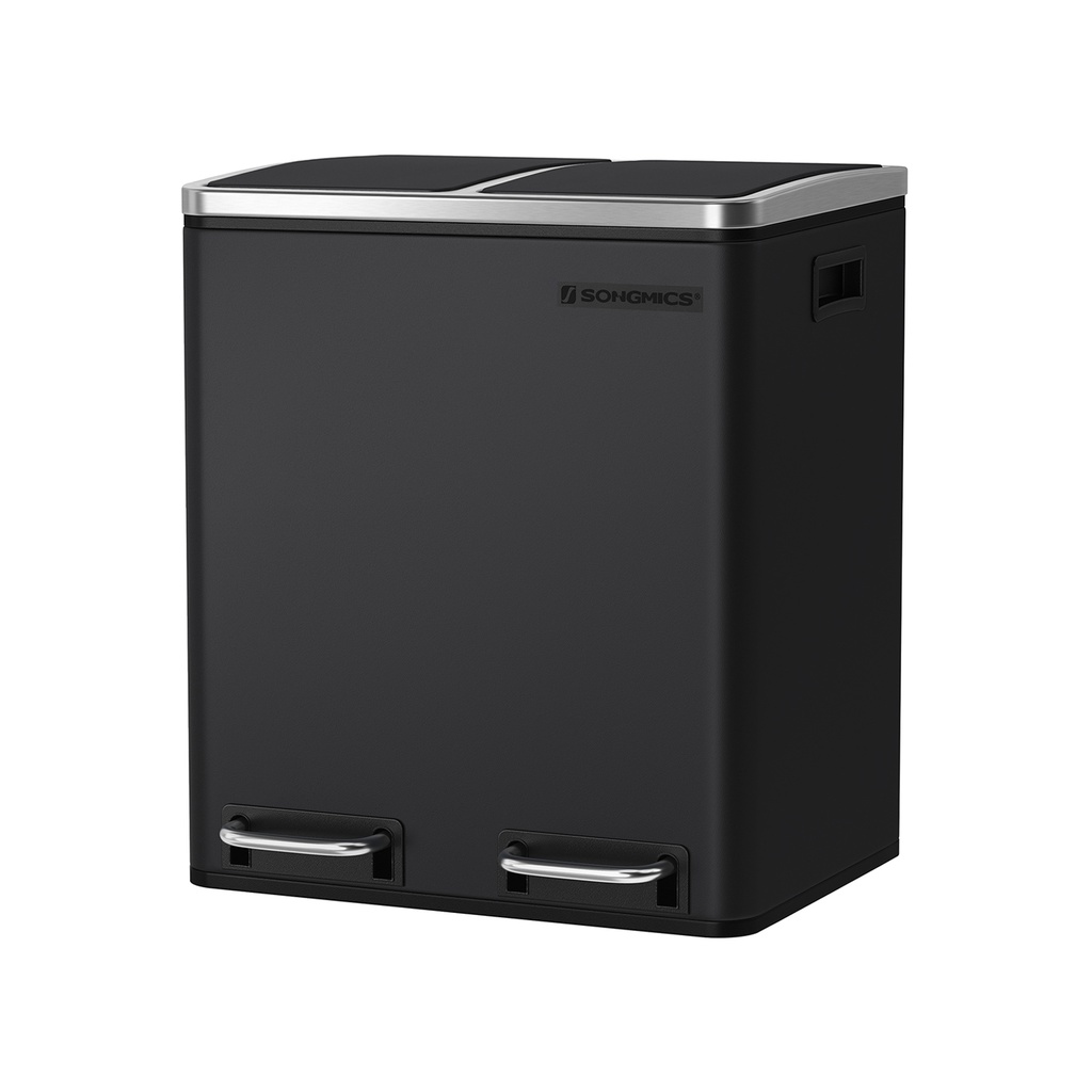 [LTB30BK] SONGMICS Poubelle de cuisine, 2 x 15 L, poubelle en acier, poubelle à marchepied avec seaux intérieurs et poignées, fermeture douce, joint anti-odeur, noir LTB30BK