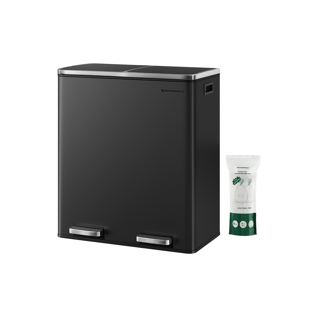 [LTB60BK] SONGMICS Poubelle double, 2 poubelles de cuisine de 30 L avec 15 sacs poubelles, poubelle à pédale en métal, seaux intérieurs en plastique et couvercles à charnière, poignées, fermeture souple, hermétique, noir LTB60BK