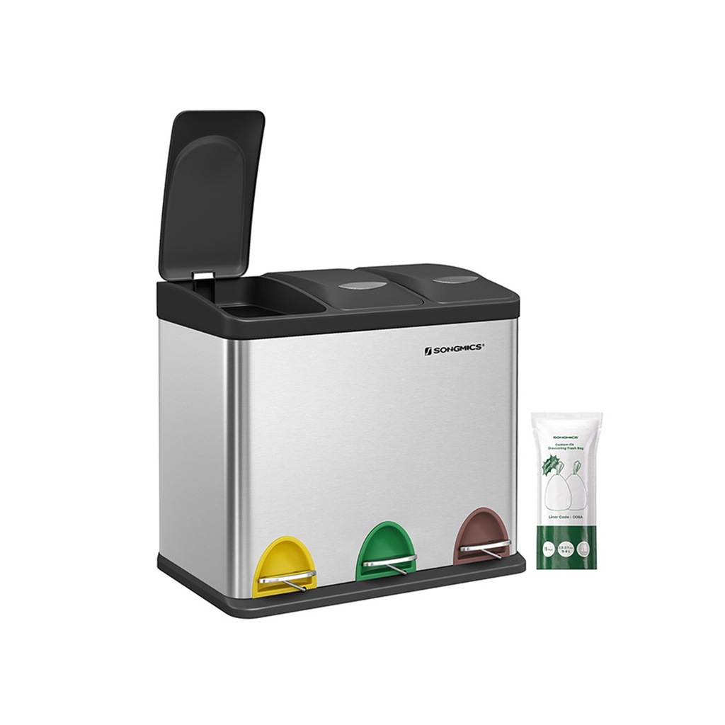 [LTB24L] SONGMICS Poubelle de recyclage, poubelle à pédale 3 en 1, poubelle en métal de 24 litres, système de tri des déchets, poubelle pour cuisine, facile à nettoyer, acier, argent LTB24L