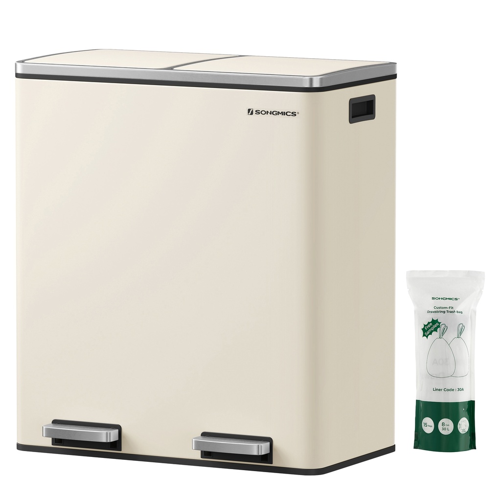 [LTB060A01] SONGMICS Double Compartment 2 x 30 L Rubbish Bin with 2 Bin Bags, Metal Foot Pedals, 15 Internal Plastic Buckets, Lids, Handles, Soft Close, Airtight, Cream, LTB060A01