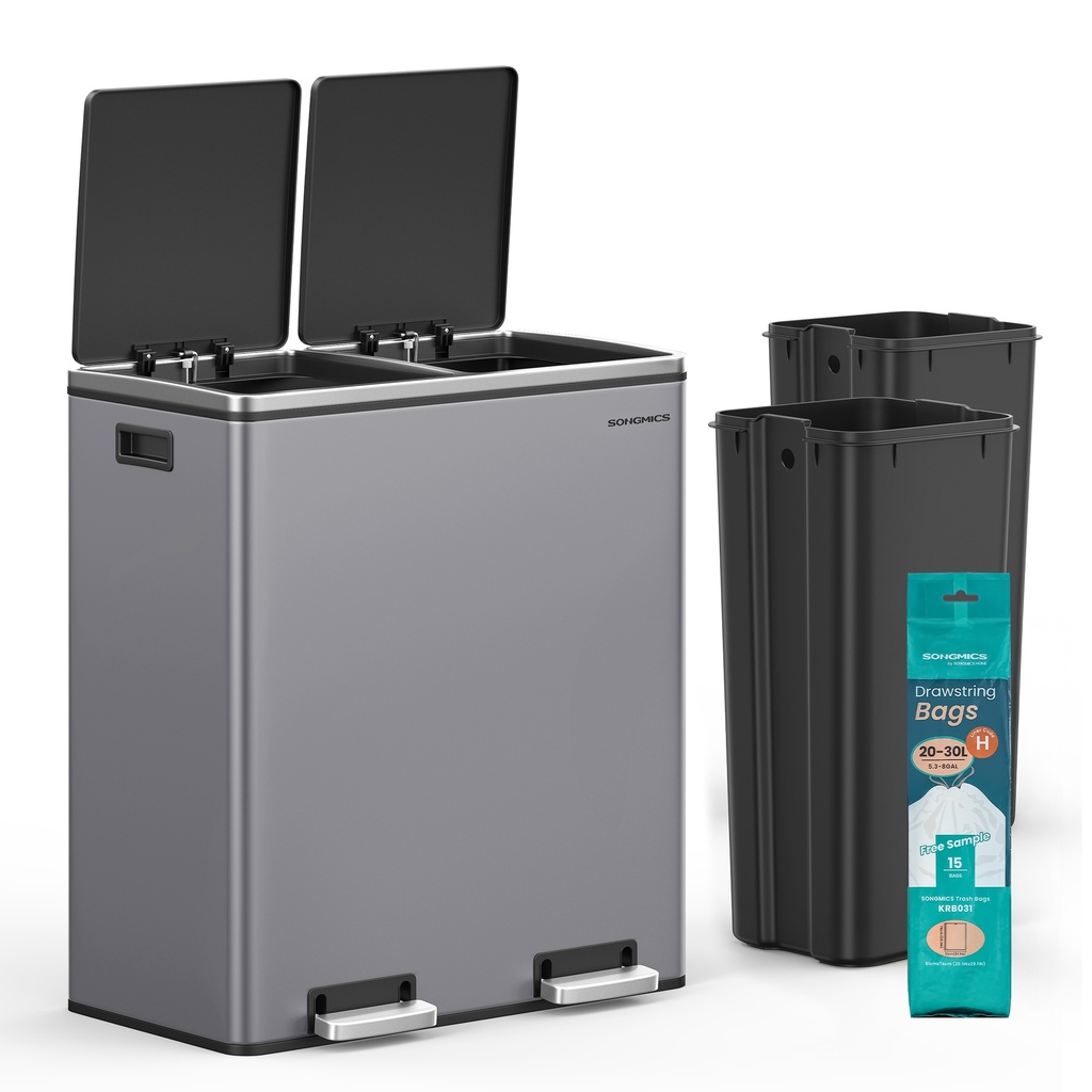 [LTB060G01] Poubelle de recyclage, poubelle à pédale à 2 compartiments avec couvercles et fermeture en douceur, séparateur de déchets de cuisine, métal, gris