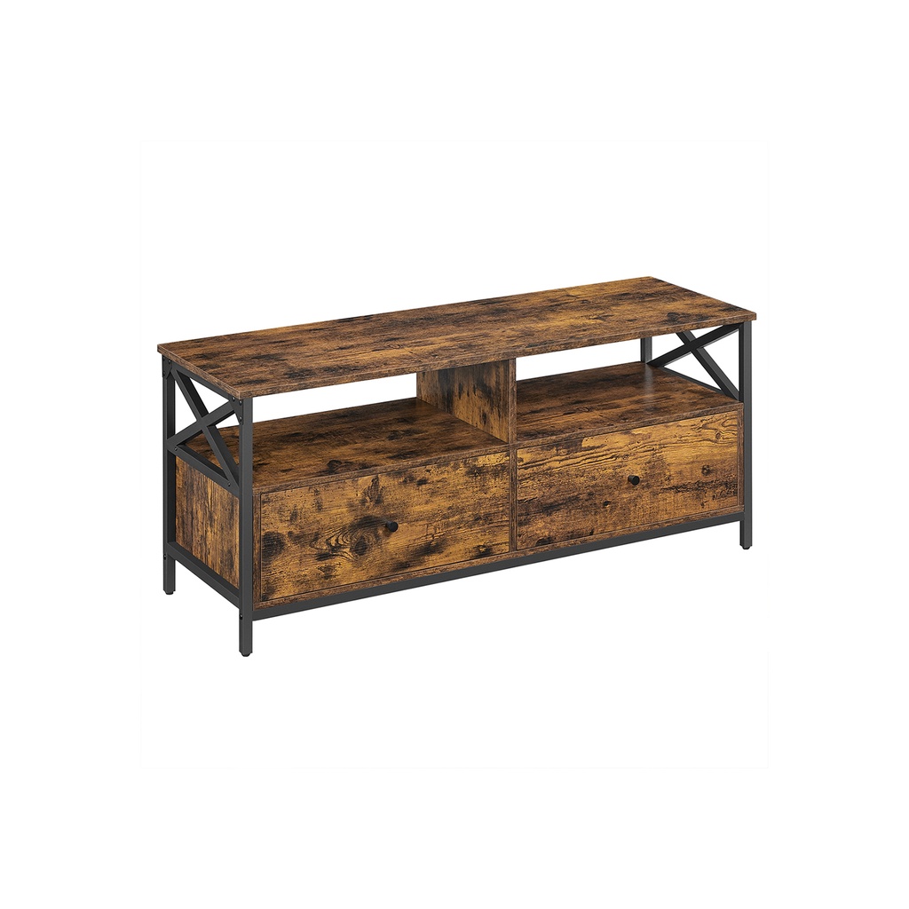 VASAGLE Meuble TV, Meuble TV pour TV 55", Salon, avec 2 Tiroirs, 2 Etagères de Rangement, 120 x 40 x 50 cm, Structure en Acier, Style Industriel, Marron Rustique et Noir LTV300B01