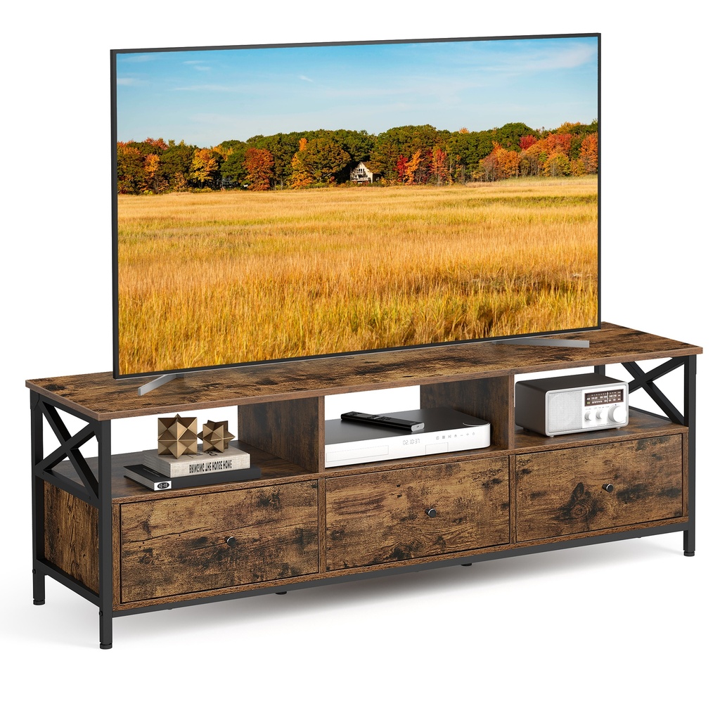VASAGLE Meuble TV, Meuble TV pour TV jusqu'à 65", Table TV avec 3 tiroirs et 3 étagères ouvertes, 40 x 147 x 50 cm, pour Salon, Chambre, Structure en Acier, Marron Rustique et Noir LTV301B01