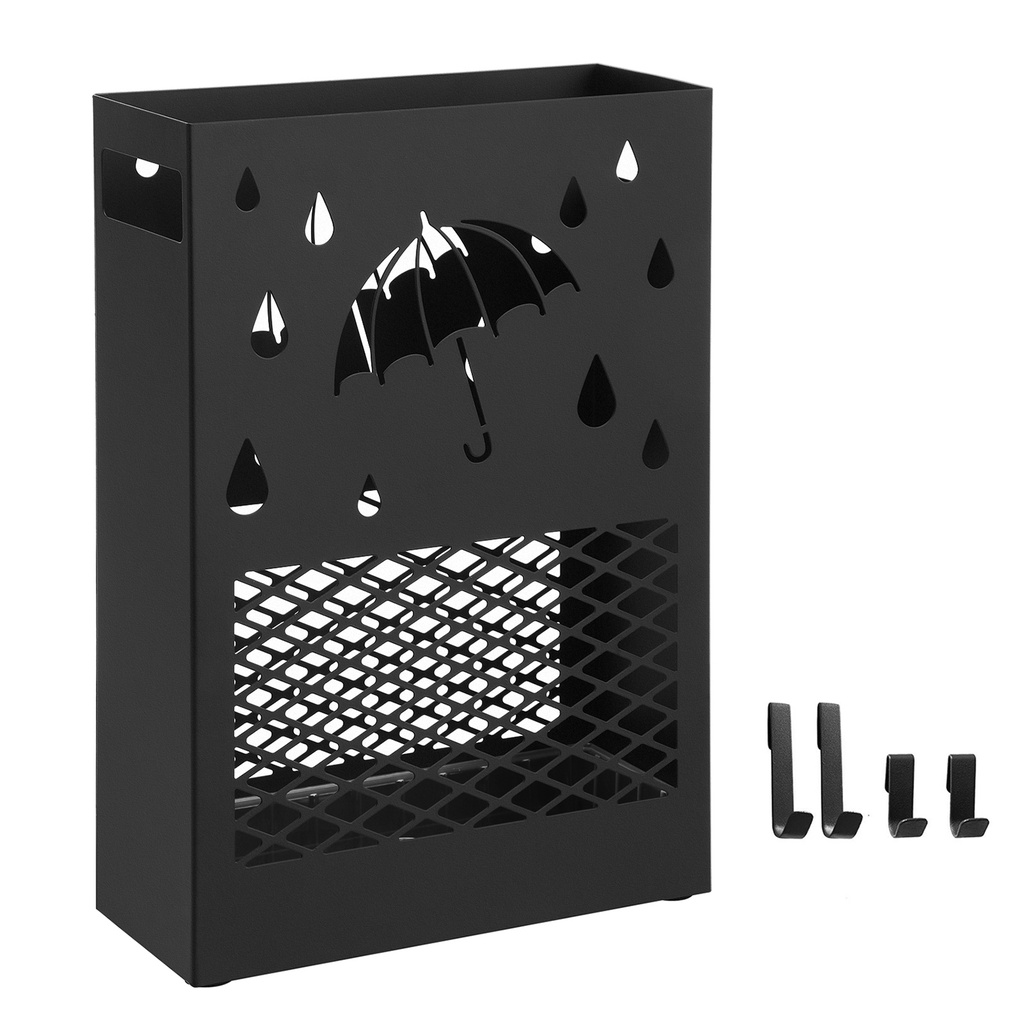 SONGMICS Porte-parapluie rectangulaire en métal avec bac d'égouttage amovible, 4 crochets, design découpé, pour couloir et bureau, noir LUC004B01