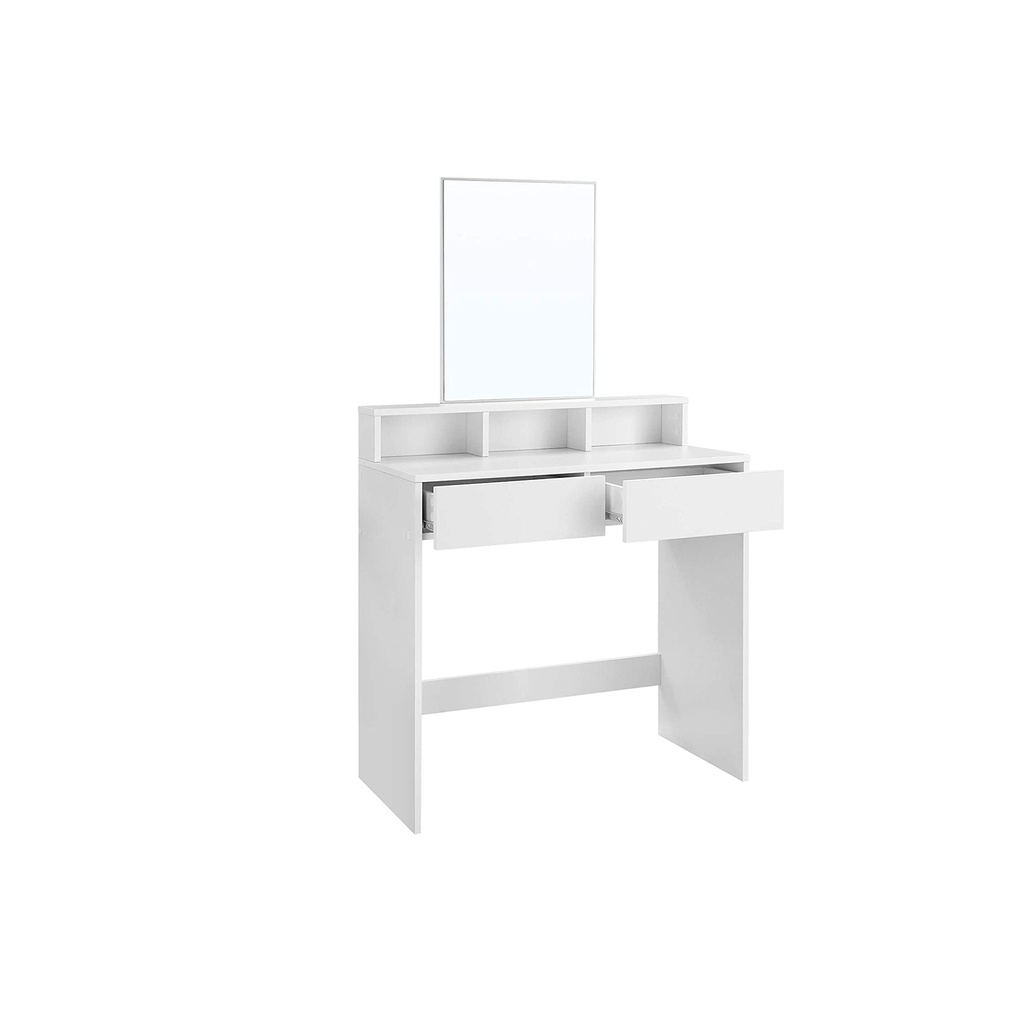 VASAGLE Coiffeuse avec Grand Miroir Rectangulaire, Table de Maquillage avec 2 Tiroirs et 3 Compartiments Ouverts, Coiffeuse, Style Moderne, Blanc RDT113W01
