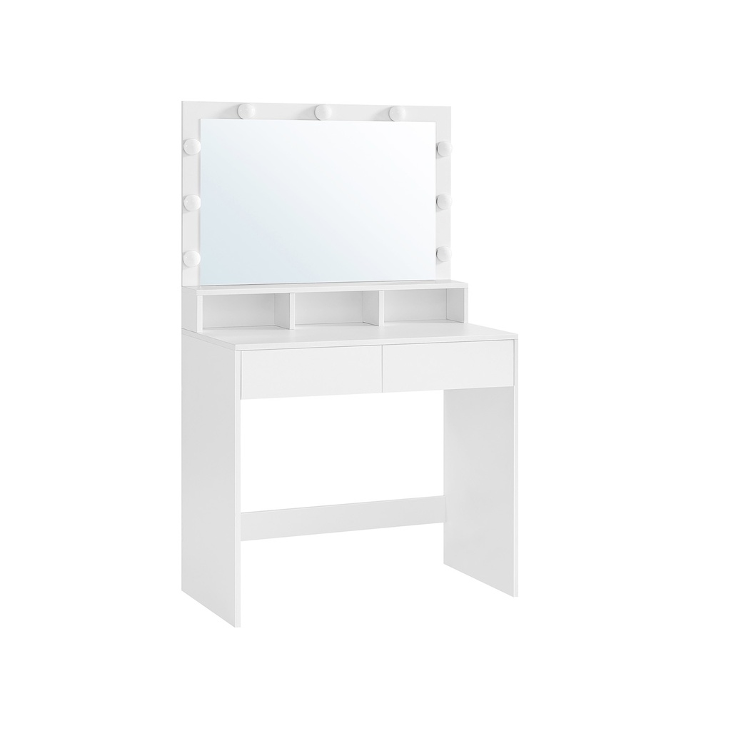 VASAGLE Coiffeuse avec 9 ampoules LED et miroir Luminosité réglable 2 tiroirs et 3 tiroirs ouverts Blanc moderne RDT120T10