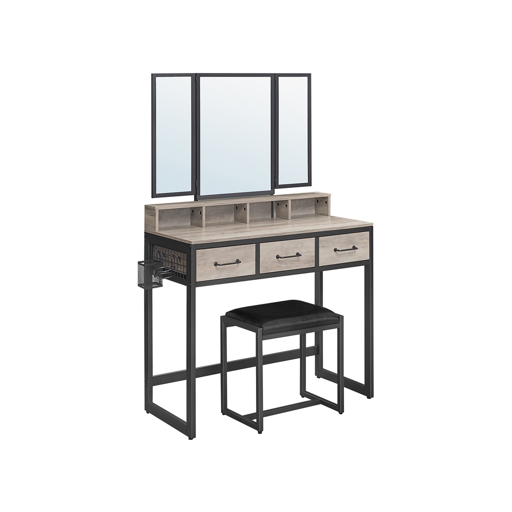 VASAGLE RVT004B02 Coiffeuse avec tabouret rembourré, triple miroir, 3 tiroirs, support sèche-cheveux, pot, style industriel, gris et noir