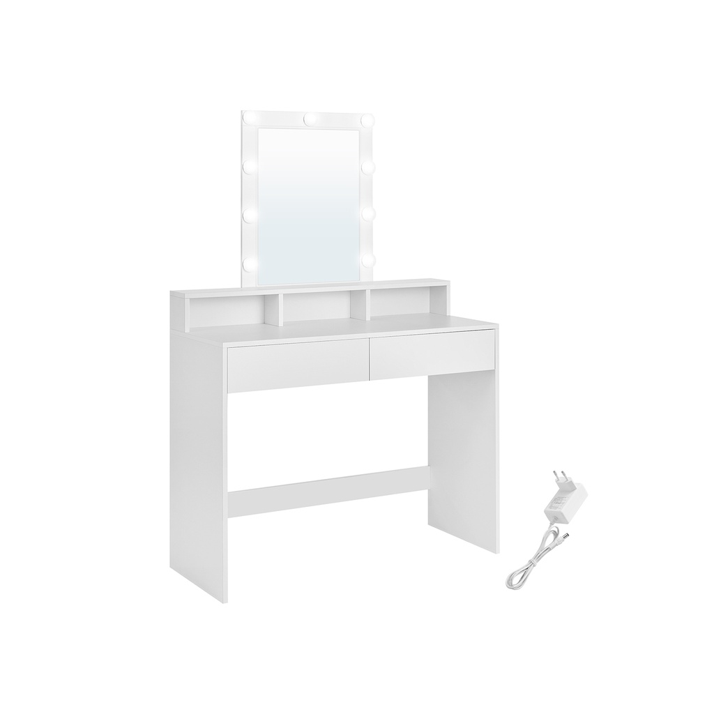 VASAGLE Coiffeuse, Lumière LED à Luminosité Réglable, Table de Maquillage avec Miroir, 2 Tiroirs et 3 Compartiments, Station de Maquillage, Moderne, Blanc RDT164W01