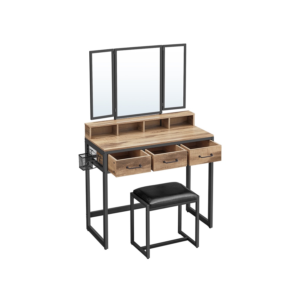 VASAGLE Coiffeuse avec Tabouret Rembourré, Coiffeuse avec Triple Miroir, 3 Tiroirs, Support Sèche-Cheveux, Table Cosmétique, Style Industriel, Chêne Marron/Noir RVT004B50