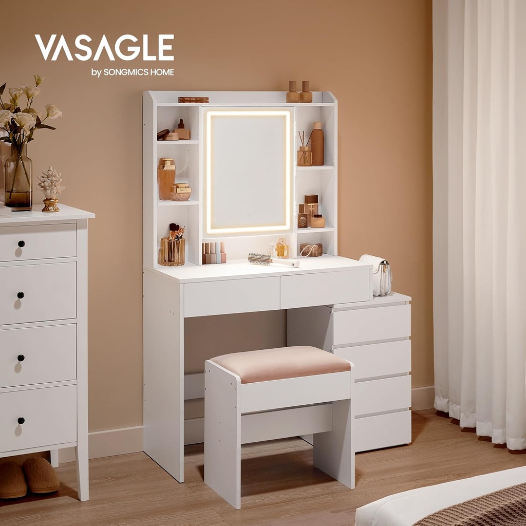 VASAGLE Coiffeuse à éclairage LED avec miroir, tiroirs, compartiments ouverts, étagères réglables, tabouret, luminosité réglable, moderne, blanc nuage RDT125W01