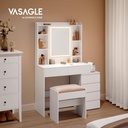 VASAGLE Coiffeuse à éclairage LED avec miroir, tiroirs, compartiments ouverts, étagères réglables, tabouret, luminosité réglable, moderne, blanc nuage RDT125W01