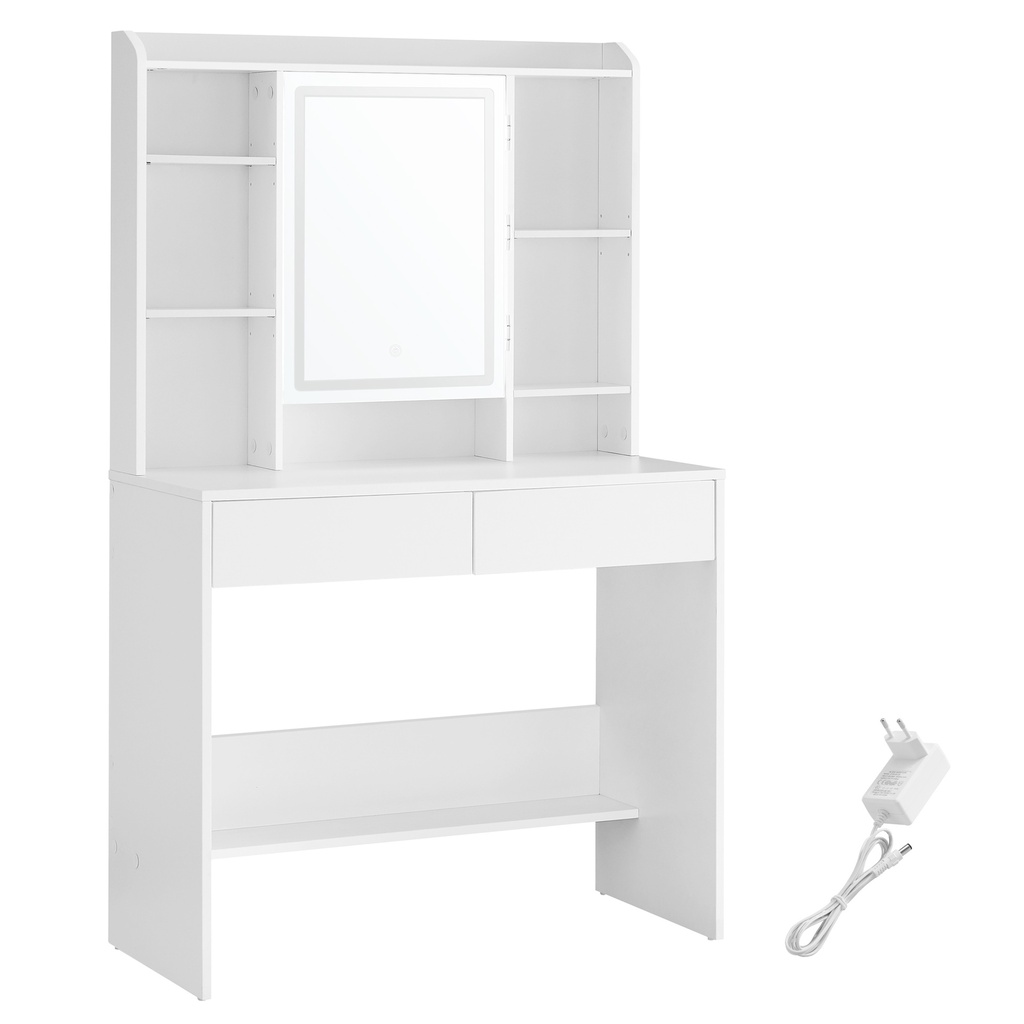 VASAGLE Coiffeuse avec éclairage LED, 3 couleurs avec luminosité réglable, Coiffeuse avec miroir pour maquillage, Table cosmétique avec étagères réglables, 2 tiroirs, Moderne, Blanc RDT123T14