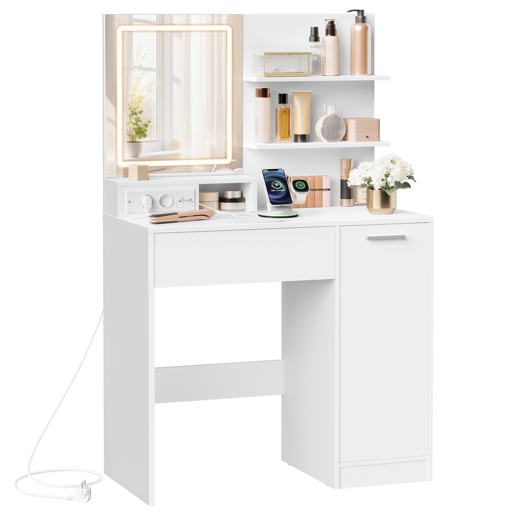 VASAGLE Collection Kailyn Coiffeuse avec miroir LED et multiprise, table de maquillage, tiroir et étagères ouvertes, armoire avec 2 étagères réglables, blanc RDT138W01