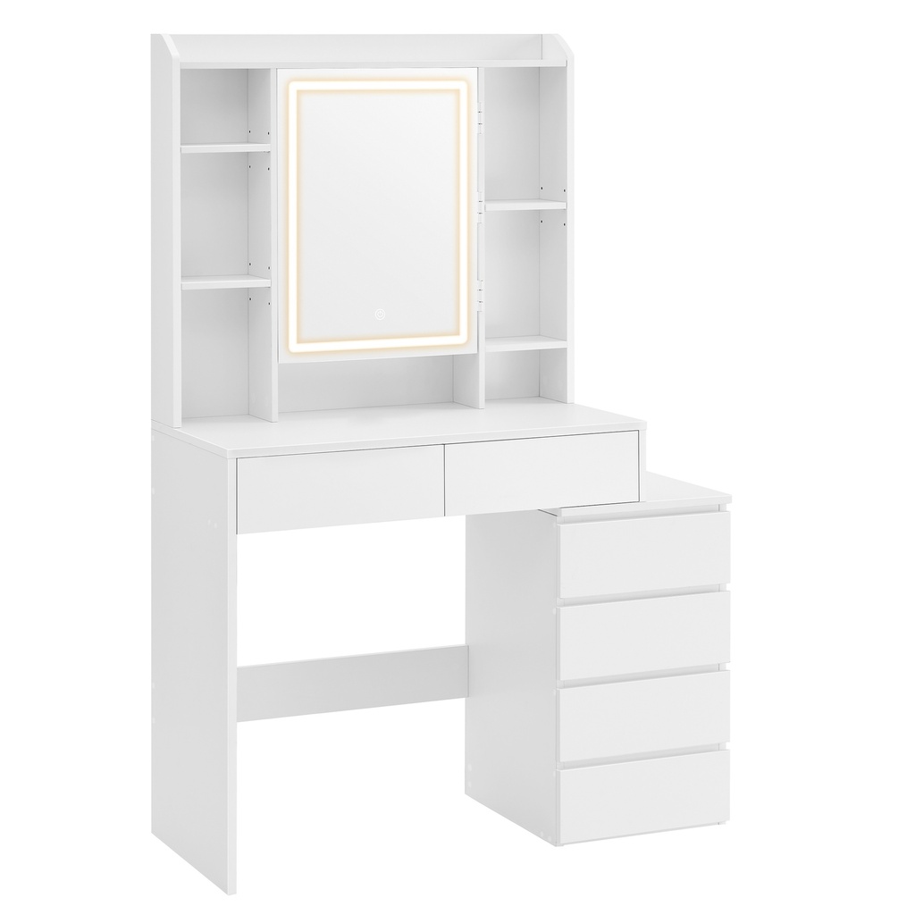 VASAGLE Collection KAILYN - Coiffeuse avec lumières LED, 40 x 98,3 x 145 cm, Bureau de maquillage moderne, Coiffeuse avec miroir, Tiroirs, Compartiments ouverts, Étagères réglables, Blanc Nuage RDT124WB01