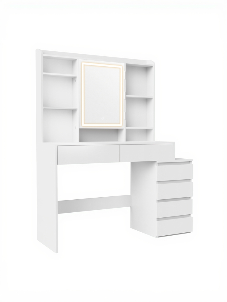 VASAGLE Collection KAILYN - Coiffeuse avec lumières LED, 40 x 98,3 x 145 cm, Bureau de maquillage moderne, Coiffeuse avec miroir, Tiroirs, Compartiments ouverts, Étagères réglables, Blanc Nuage RDT124WB01