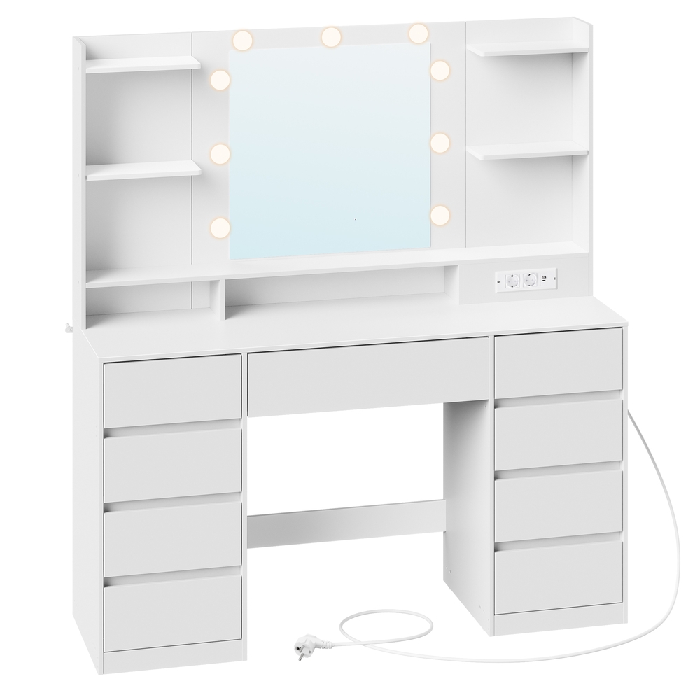 VASAGLE KAILYN Collection - Coiffeuse avec miroir LED, meuble-lavabo avec prises de courant, 9 tiroirs, 9 ampoules à intensité variable, 3 couleurs de lumière, assemblage de rail coulissant sans outil, blanc nuage RDT141WB02