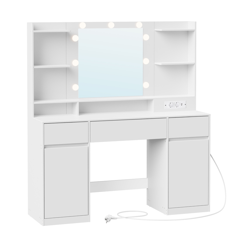 VASAGLE Kailyn Collection RDT142WB02 Coiffeuse avec miroir et lumières LED, multiprise, 2 armoires, 9 ampoules à intensité variable, 3 couleurs de lumière, glissières sans outils, blanc nuage