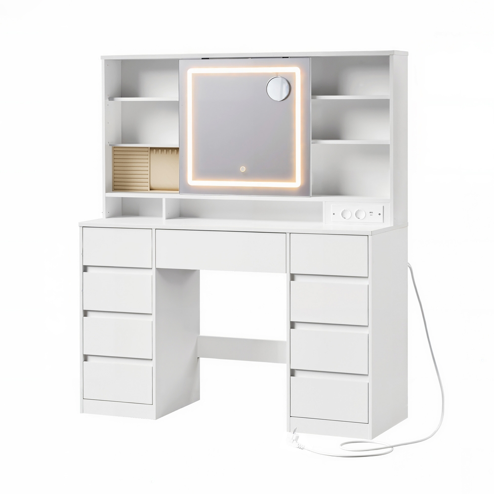 Coiffeuse de maquillage avec rangement pour bijoux, miroir LED, 9 tiroirs, chambre à coucher, multiprise, loupe, blanc
