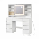 Coiffeuse de maquillage avec rangement pour bijoux, miroir LED, 9 tiroirs, chambre à coucher, multiprise, loupe, blanc