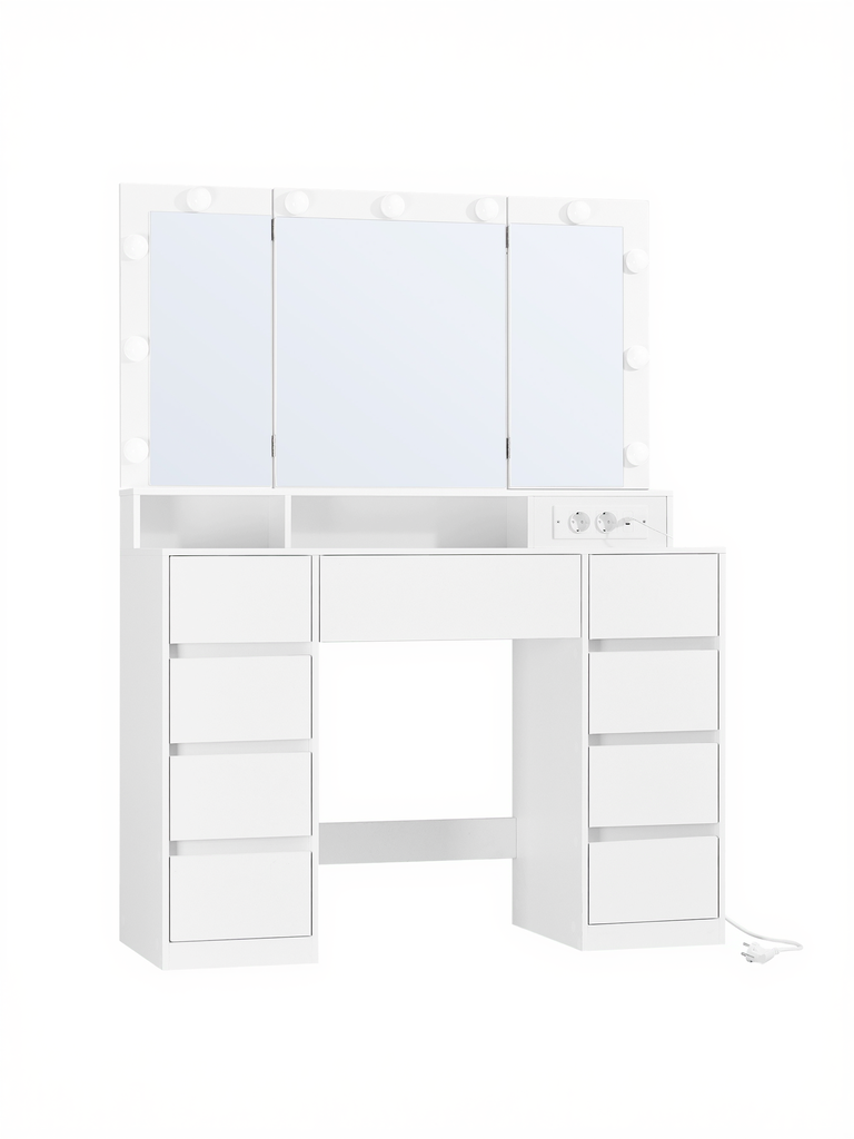 VASAGLE RDT146WB01 Grande coiffeuse avec miroir et prise, éclairage LED réglable, table de maquillage avec 9 tiroirs, coiffeuse moderne, blanc