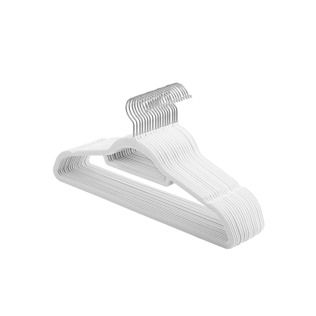 SONGMICS Cintres en Velours, Lot de 20 Cintres Antidérapants, avec Barre d'attache et Crochet Pivotant à 360°, Peu encombrant, Épaisseur 0,6 cm, Longueur 43,5 cm, pour Robes Pantalons, Blanc CRF020W01