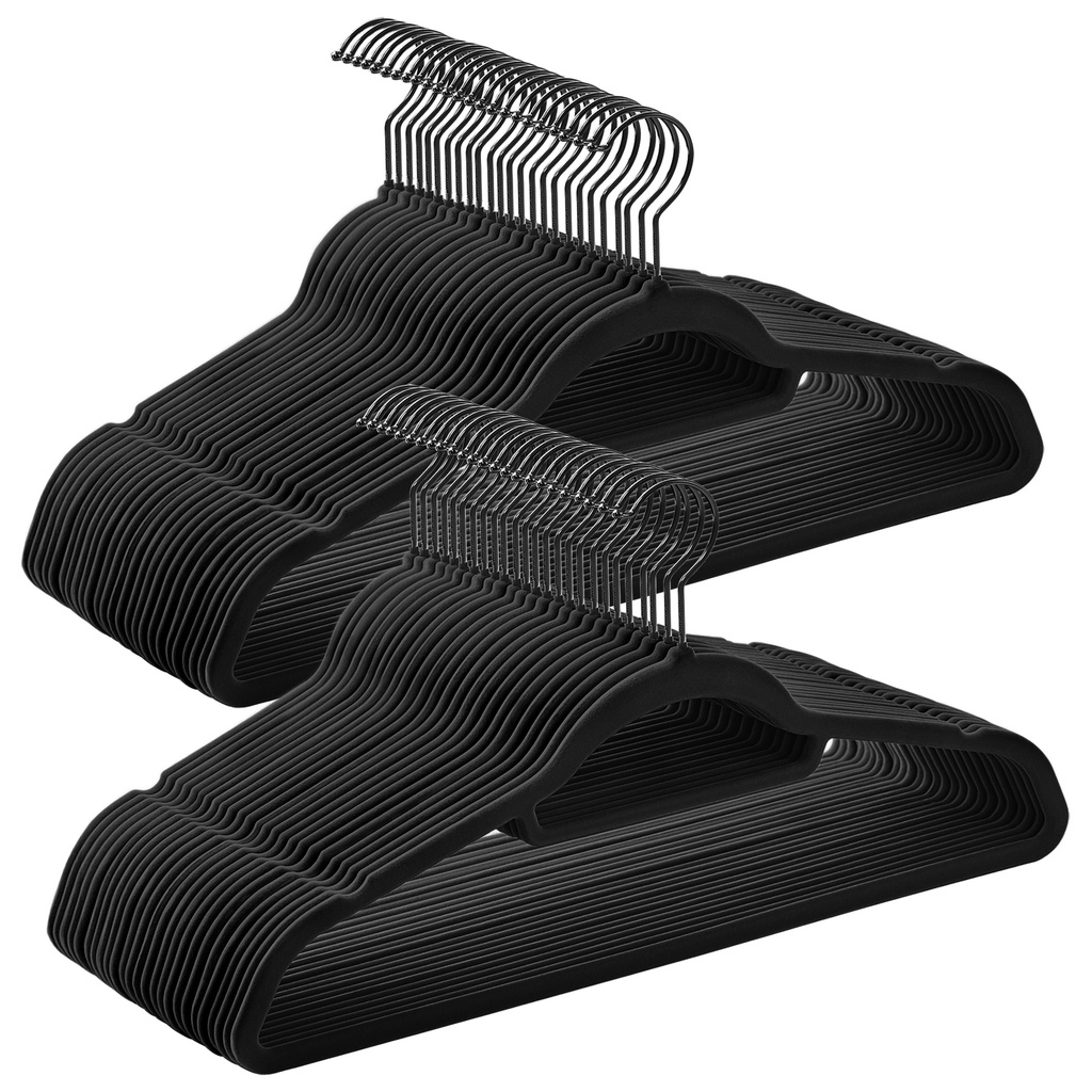 SONGMICS Lot de 50 cintres en velours avec crochet pivotant noir, antidérapants et peu encombrants, 0,2 cm d'épaisseur, 17,1 cm de long pour manteau, chemise, robe, pantalon, cravate, noir encre UCRF021B02