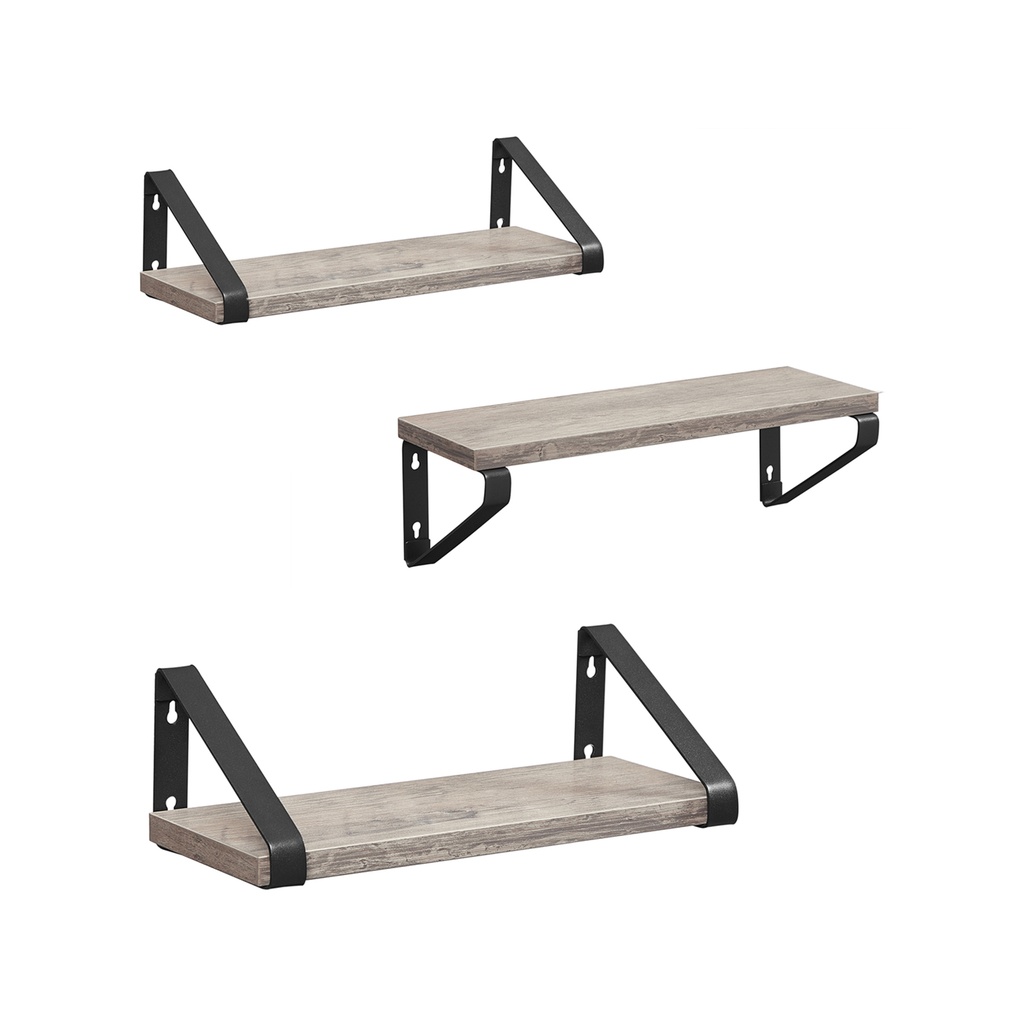 VASAGLE Lot de 3 étagères flottantes au design industriel, étagères murales robustes pour exposition, salon, salle de bain, cuisine, gris noir LWS033B02