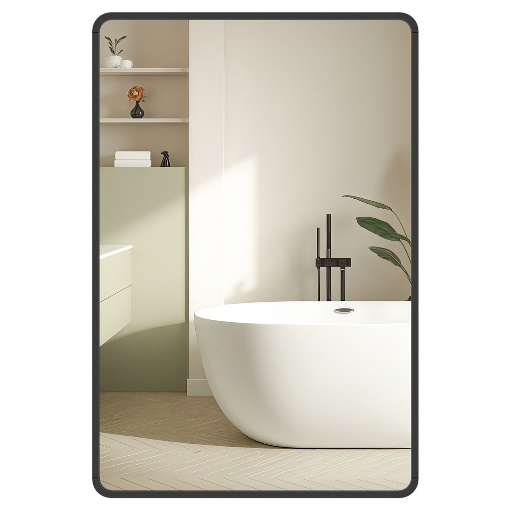 [LWM010BD01] SONGMICS Miroir de salle de bain, miroir de courtoisie mural, rectangulaire, cadre en aluminium, 91 x 61 cm, avec film de sécurité, 2 options de montage, pour salon, chambre, salle de bain, noir encre LWM010BD01