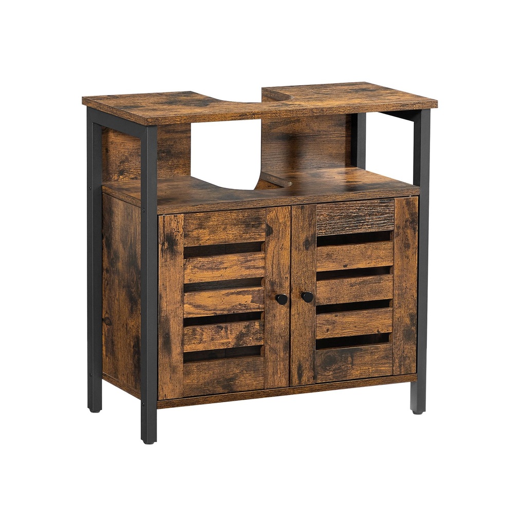 [BBC901B01] VASAGLE Meuble sous lavabo, Meuble de Salle de Bain, Placard de Rangement, 60 x 30 x 60 cm, avec Structure en Acier, étagère Ouverte, Portes à Persiennes, étagère réglable, Industriel, Marron Rustique et Noir BBC901B01