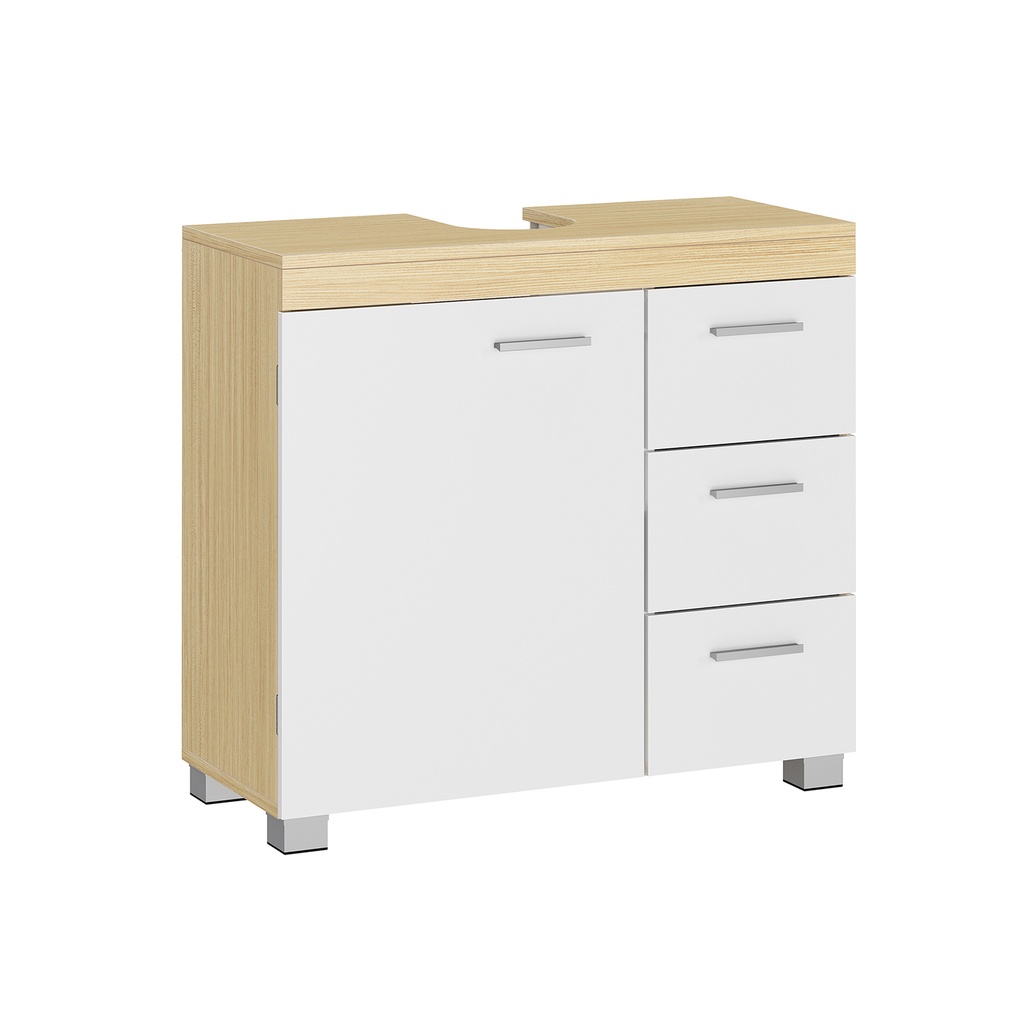 [BBK503K01] VASAGLE BBK503K01 Meuble sous-vasque avec 3 grands tiroirs, meuble de salle de bain, 2 compartiments derrière la porte, meuble de salle de bain avec pieds, 30 x 70 x 64 cm, blanc nuage/beige naturel