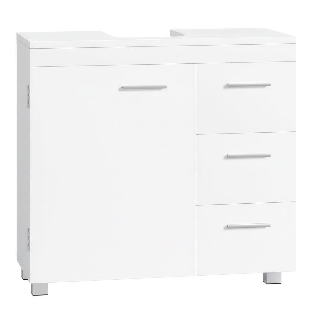 [BBK504W01] Meuble de rangement de salle de bain avec tiroirs, meuble sous lavabo avec compartiments et pieds, pour vasque sur pied, blanc