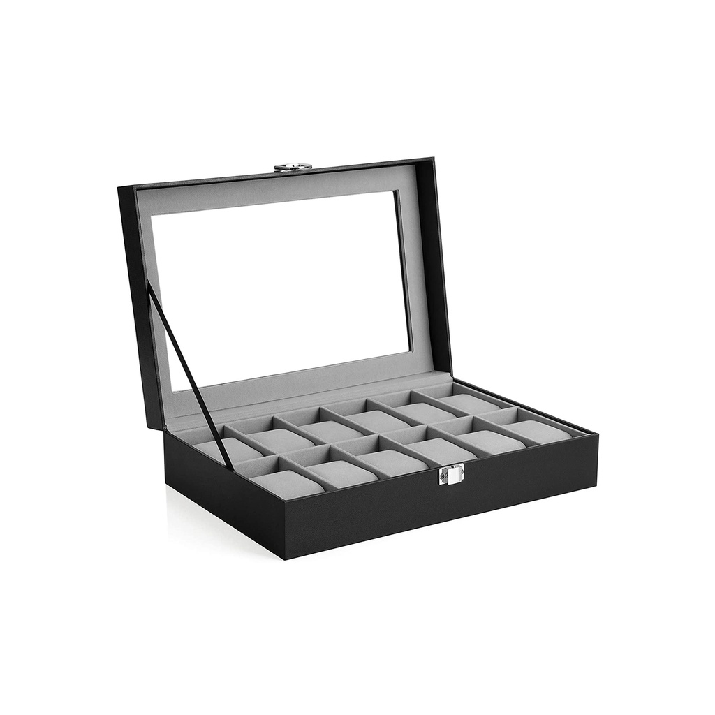 [JWB12BK] SONGMICS Boîte à Montres avec 12 Emplacements, Boîtier de Montre avec Couvercle en Verre, Boîte de Présentation de Montres avec Coussins de Montre Amovibles, Fermoir en Métal, Idée Cadeau, Cuir Synthétique Noir, Doublure Grise JWB12BK