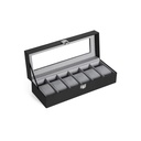 SONGMICS Boîte à Montres avec 6 Emplacements, Boîtier de Montre avec Couvercle en Verre, Coussins de Montre en Velours, Support de Montre avec Fermoir, 11,2 x 30 x 8 cm, Idée Cadeau, Cuir Synthétique Noir, Doublure Grise JWB06BK
