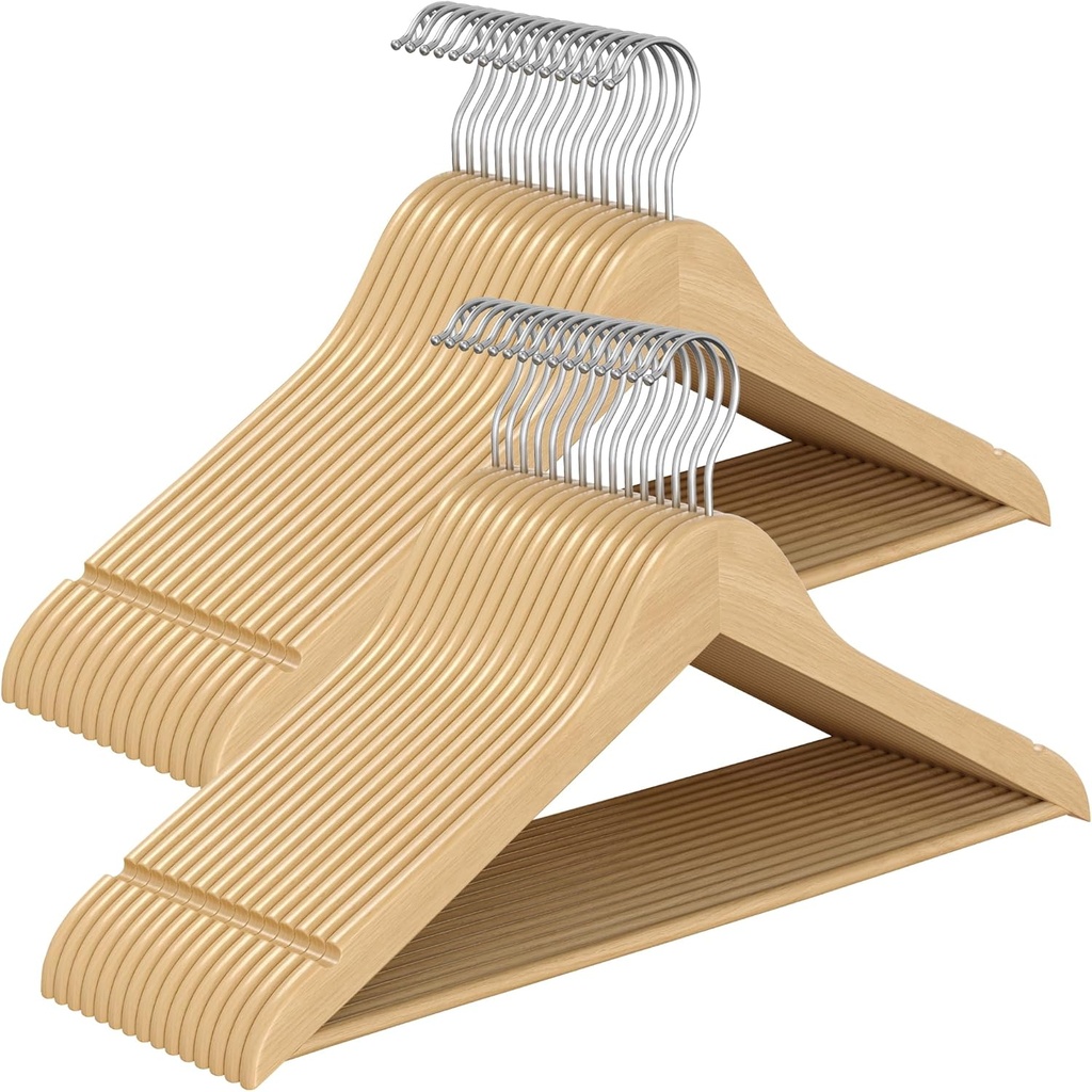 [CRW030K01] SONGMICS Lot de 30 cintres en bois, cintres fins en bois, encoches au niveau des épaules, cintres pour pantalons, crochet rotatif à 360°, bois de bouleau, pour bretelles et vestes, couleur naturelle CRW030K01